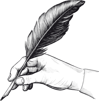 drawing of hand with a feather pen